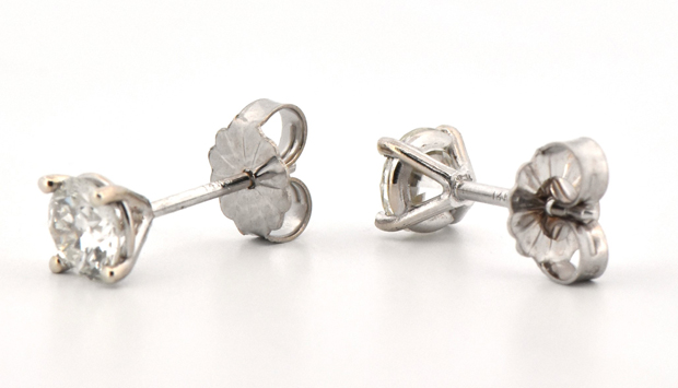 14K White Gold Diamond Stud Earrings with .86 Carat Total Weight in Old Cut Round Diamonds, SI Clarity, J Color