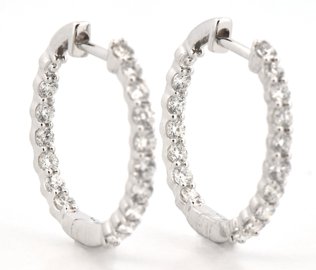 14K White Gold Diamond Hoop Earrings with 1.00 Carat Total Weight in Brilliant Cut Round Diamonds, SI Clarity, G-H Color