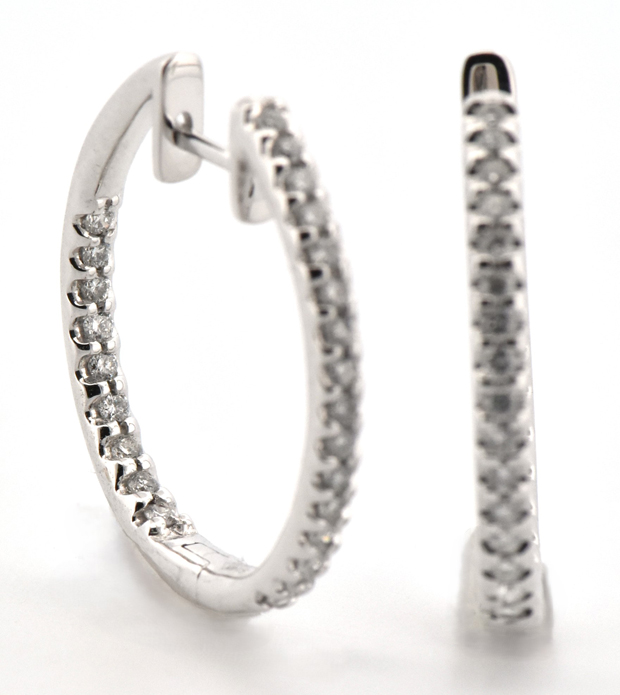 14K White Gold Diamond Hoop Earrings with .60 Carat Total Weight in Round Brilliant Diamonds, SI Clarity. H-I Color
