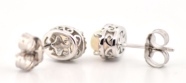 14K White Gold Opal Earrings with .10 Carat Total Weight in Diamond Halo