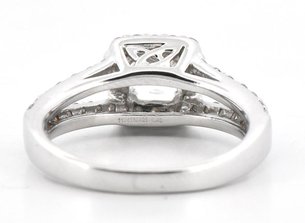 18K White Gold Diamond Ring with a .42 Carat Princess Cut Diamond, VS1 Clarity, H Color GIA #1176132921 and Approximately .60 Carat Total Weight in Round Side Diamonds, SI Clarity, H Color