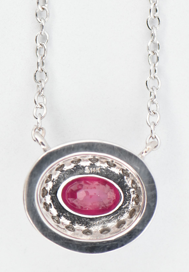 14K White Gold 18" Necklace with a 1.16 Carat Oval Ruby with .40 Carat Total Weight in Round Brilliant Diamonds, SI Clarity, G-H Color