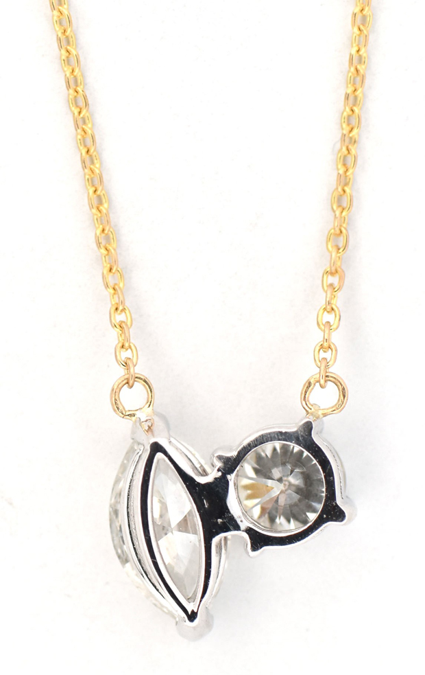 14K Two Tone Diamond Necklce with a 1.12 Carat Marquise Diamond, I2 Clarity, G Color GIA #6233577244 and a .66 Carat Round Brilliant Diamond, I1 Clarity, J Color GIA #1232577123
