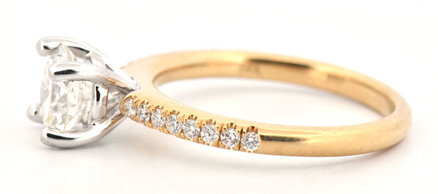 14K Yellow Gold Diamond Ring with a 1.07 Carat Round Brilliant, VS2 Clarity, J Color, GIA #2235003707 and .16 Carat Total Weight in Round Side Diamonds, SI Clarity, G-H Color
