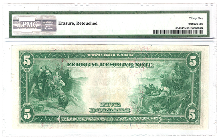 1914 $5 Philadelphia Red Seal Fr# 834b - PMG VF-35/erasure/retouched