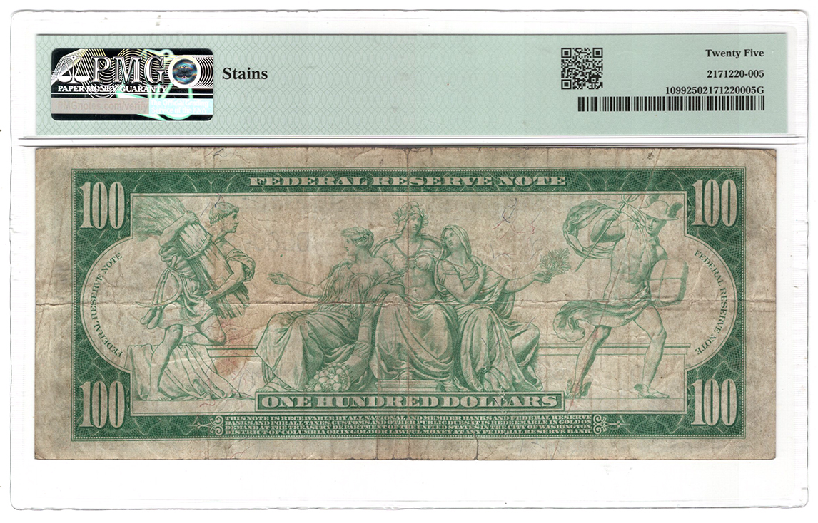 1914 $100 Cleveland Blue Seal Fr# 1099 - PMG VF-25/stains/margin tear