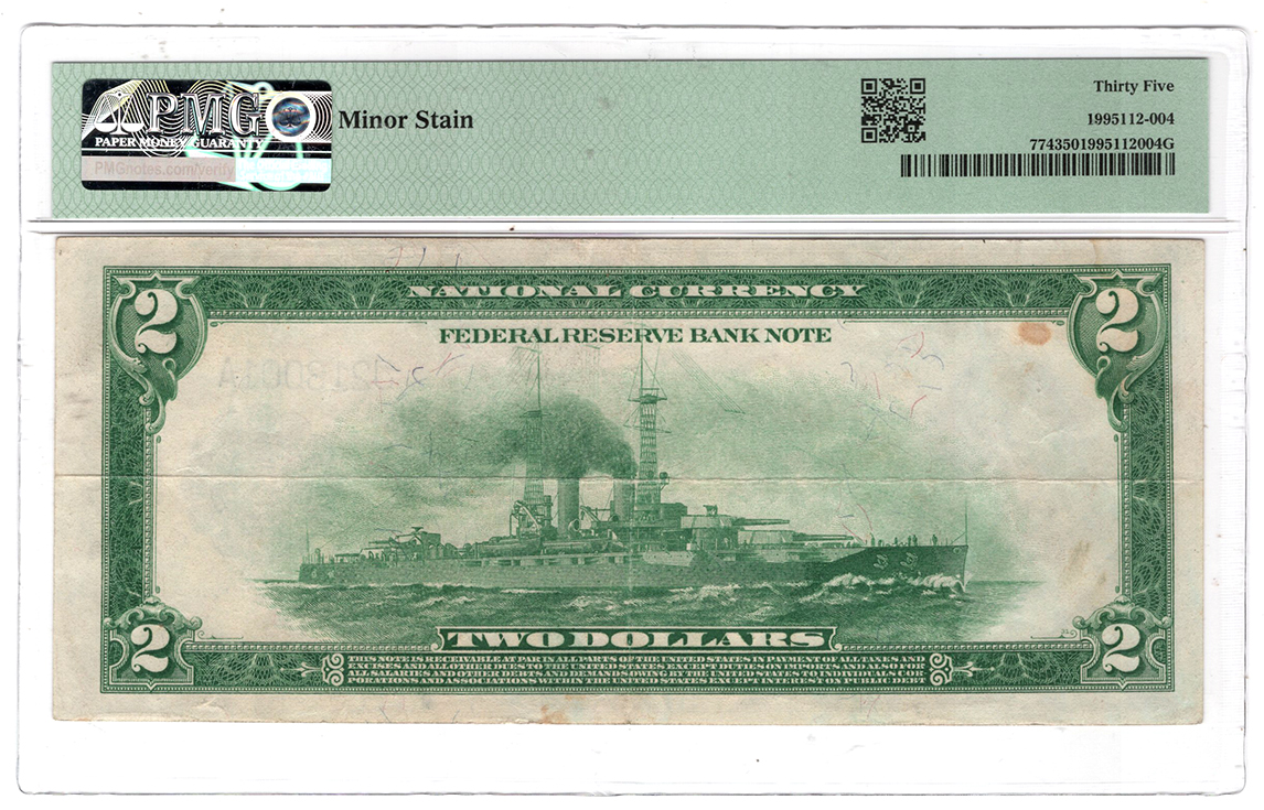 1918 $2 Kansas City Battleship Fr# 774 - PMG VF-35/minor stain