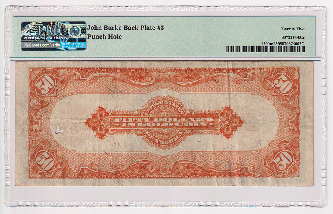 1922 $50 Fr# 1200m John Burke Back Plate 3 - PMG VF-25/punch hole
