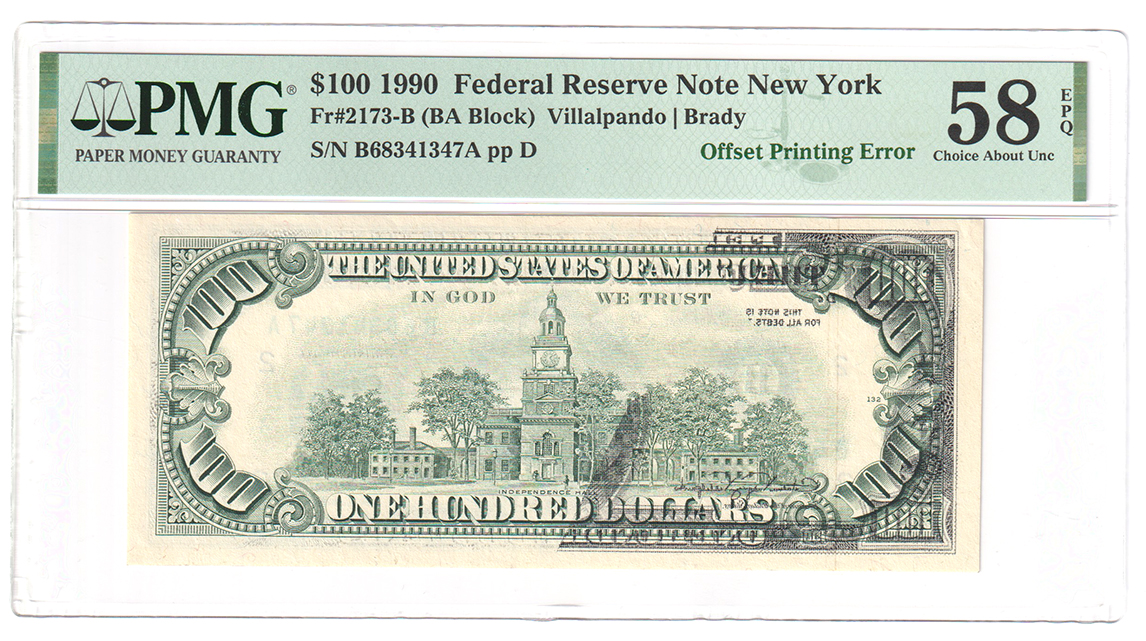 Error Currency - 1990 $100 New York FRN Fr# 2173-B Offset Printing Error - PMG AU-58 EPQ