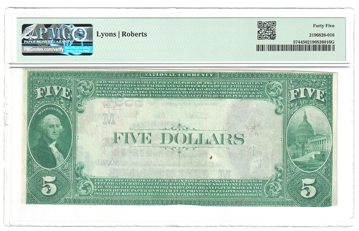 1882 $5 Value Back - St. Joseph, MI Charter #5594 - PMG XF-45