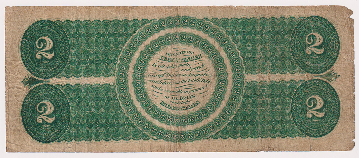 1862 $2 - VG/edge damage/pinholes