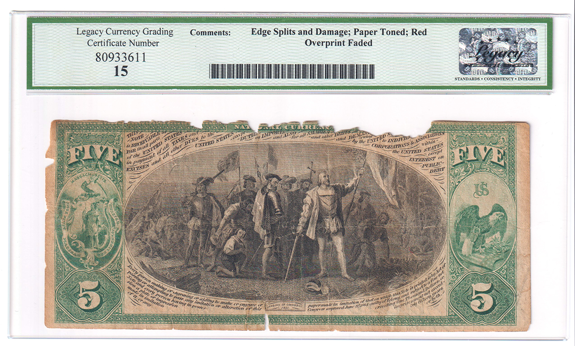 1875 $5 - Springfield, MA Charter #2435 - Legacy F-15/edge splits and damage/paper toned/red overprint faded
