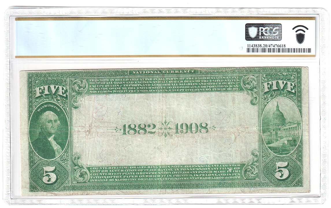 1882 $5 Date Back - San Francisco, CA Charter #5105 - PCGS VF-20/pinholes