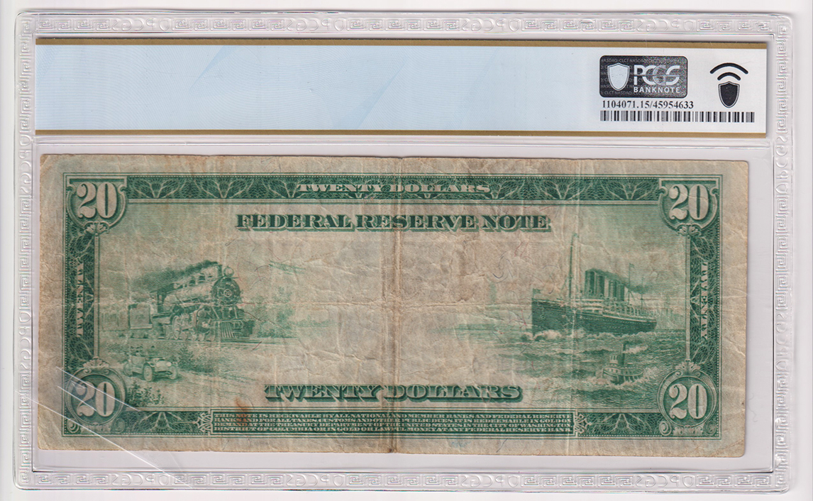 1914 $20 Chicago Blue Seal Star Fr# 990* - PCGS F-15/pinhole