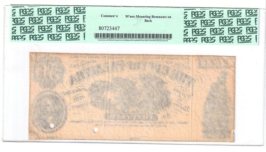 $0.50 Obsolete - The City of Palmyra, Missouri PCGS AU-50/hole punch cancelled/minor mounting remnants