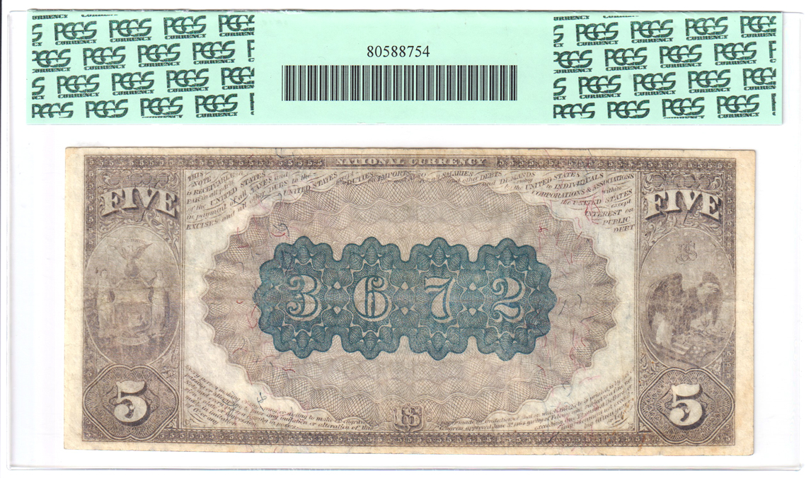 1882 $5 Brown Back - Carthage, NY Charter #3672 - PCGS VF-20/scratched/repairs/minor rust stains