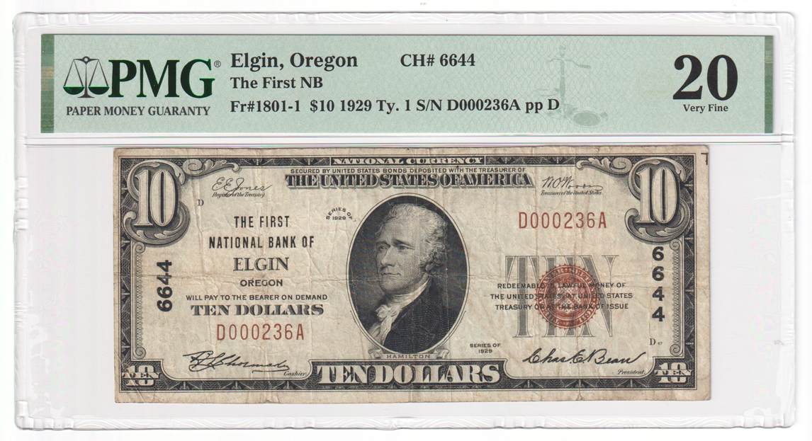 1929 $10 Type 1 - Elgin, OR Charter #6644 - PMG VF-20