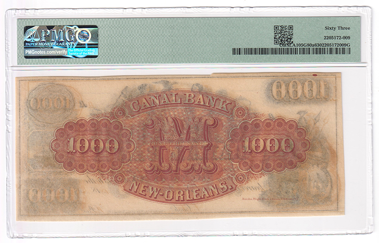 $1000 Obsolete - 1850s New Orleans Canal & Banking Co., Louisiana Remainder PMG ChCU-63