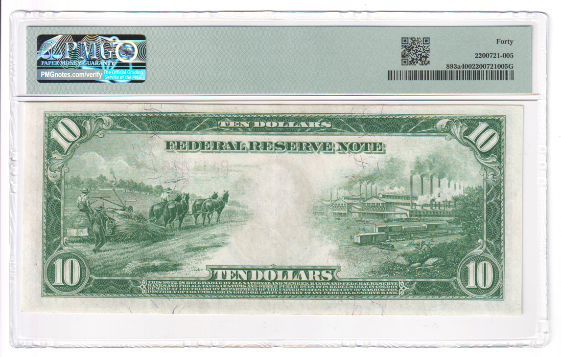 1914 $10 New York Red Seal Fr# 893a - PMG XF-40