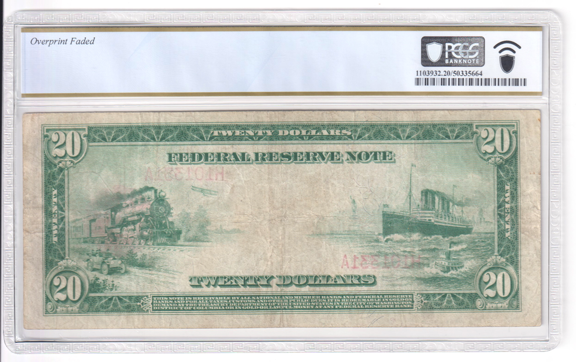 1914 $20 St. Louis Red Seal Fr# 959A - PCGS VF-20/overprint faded
