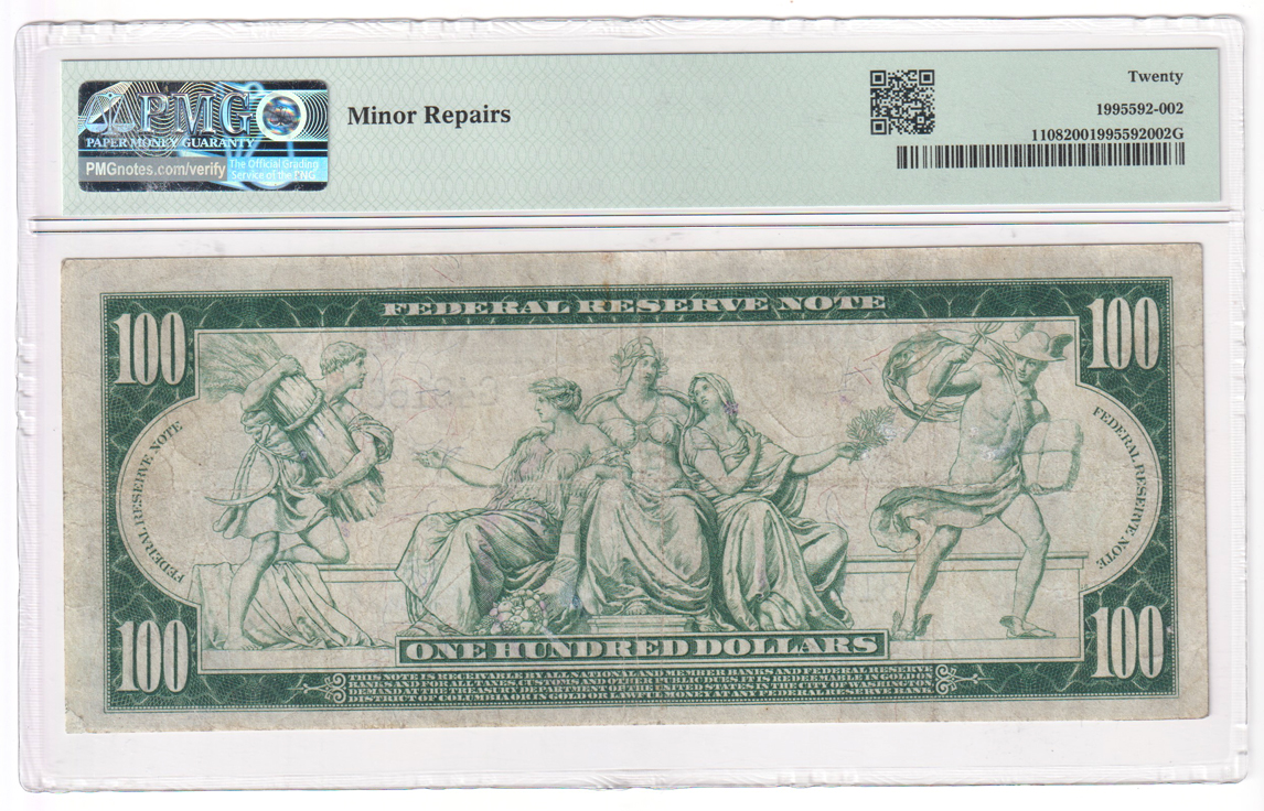 1914 $100 Chicago Blue Seal Fr# 1108 - PMG VF-20/minor repairs