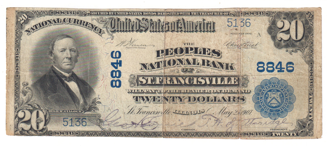 1902 $20 Blue Seal - St. Francisville, IL Charter #8846 - F/stained