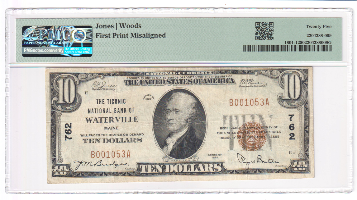 1929 $10 Type 1 - Waterville, MA Charter #762 Misalignment Error - PMG VF-25