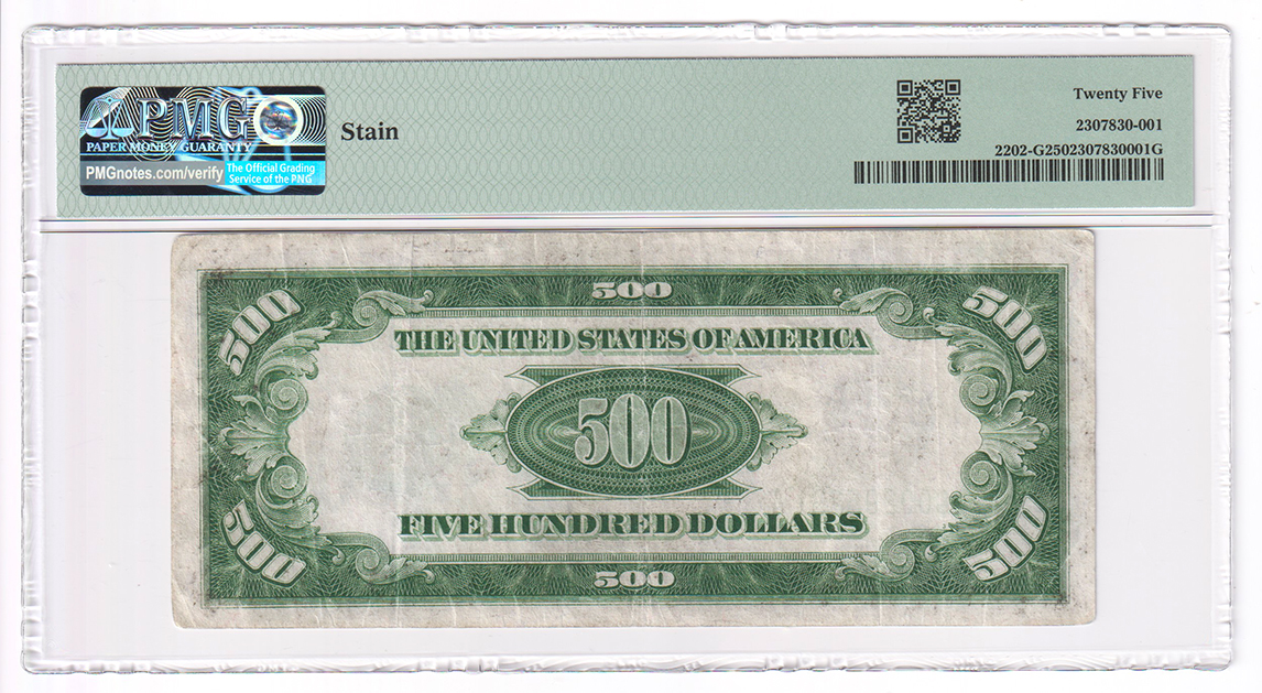 1934-A $500 Chicago Fr# 2202-G - PMG VF-25/stain
