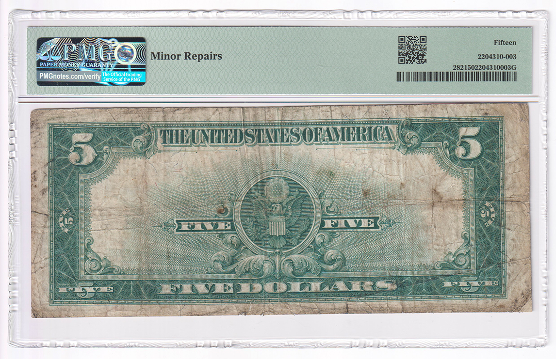 1923 $5 Porthole Fr# 282 - PMG F-15/minor repairs