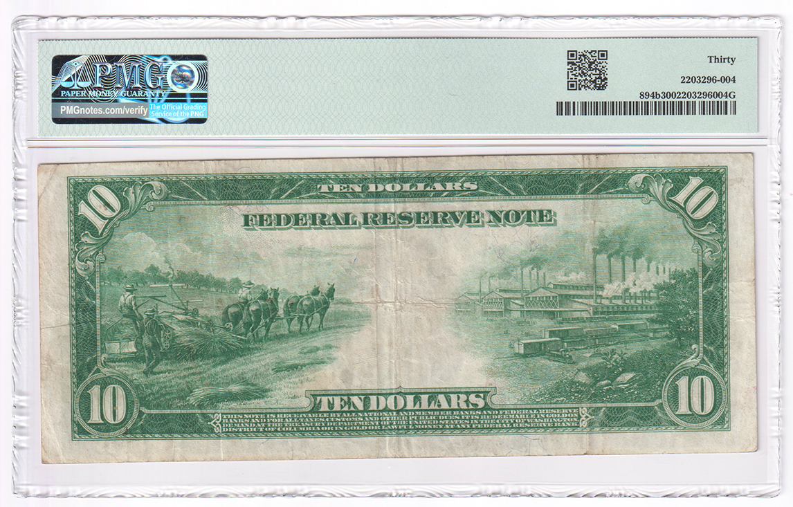 1914 $10 Philadelphia Red Seal Fr# 894b - PMG VF-30