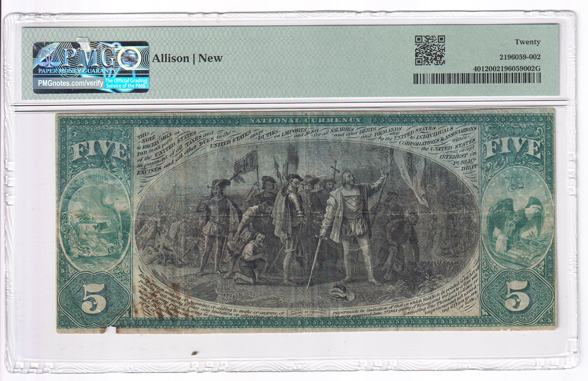 1875 $5 - Bellows Falls, VT Charter #1653 - PMG VF-20/small internal hole/margin damage