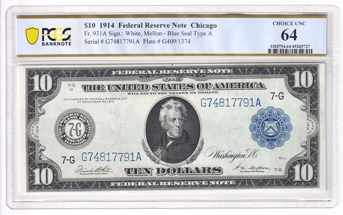 1914 $10 Chicago Blue Seal Fr# 931A - PCGS ChCU-64
