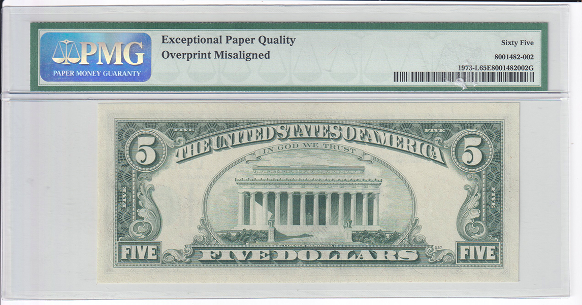 Error Currency - 1974 $5 San Francisco Federal Reserve Note Misalignment Error Fr# 1973-L - PMG GemCU-65 EPQ
