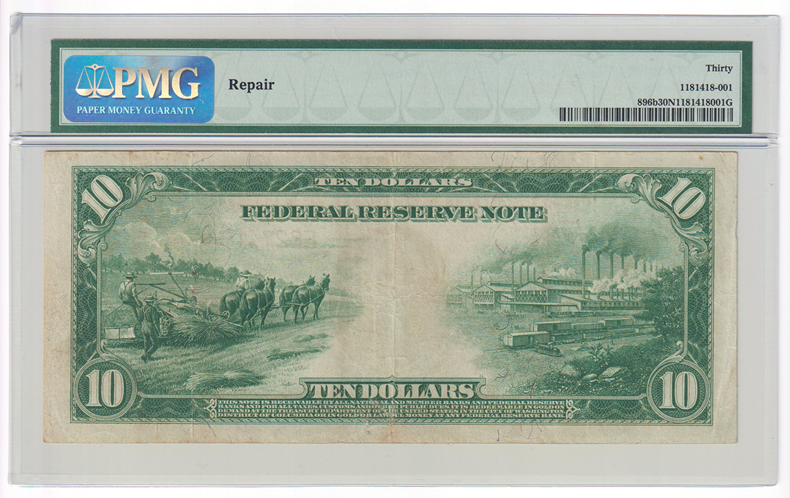 1914 $10 Richmond Red Seal Fr# 896b - PMG VF-30/repair