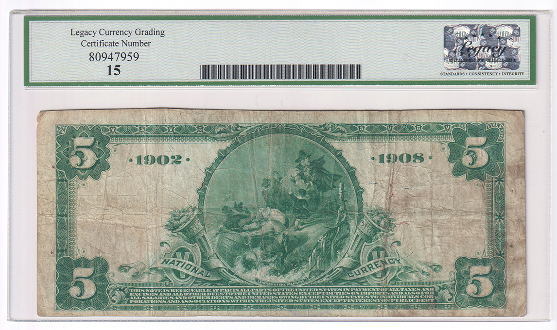 1902 $5 Blue Seal Date Back - Sparta, IL Charter #7015 - Legacy F-15/pinholes