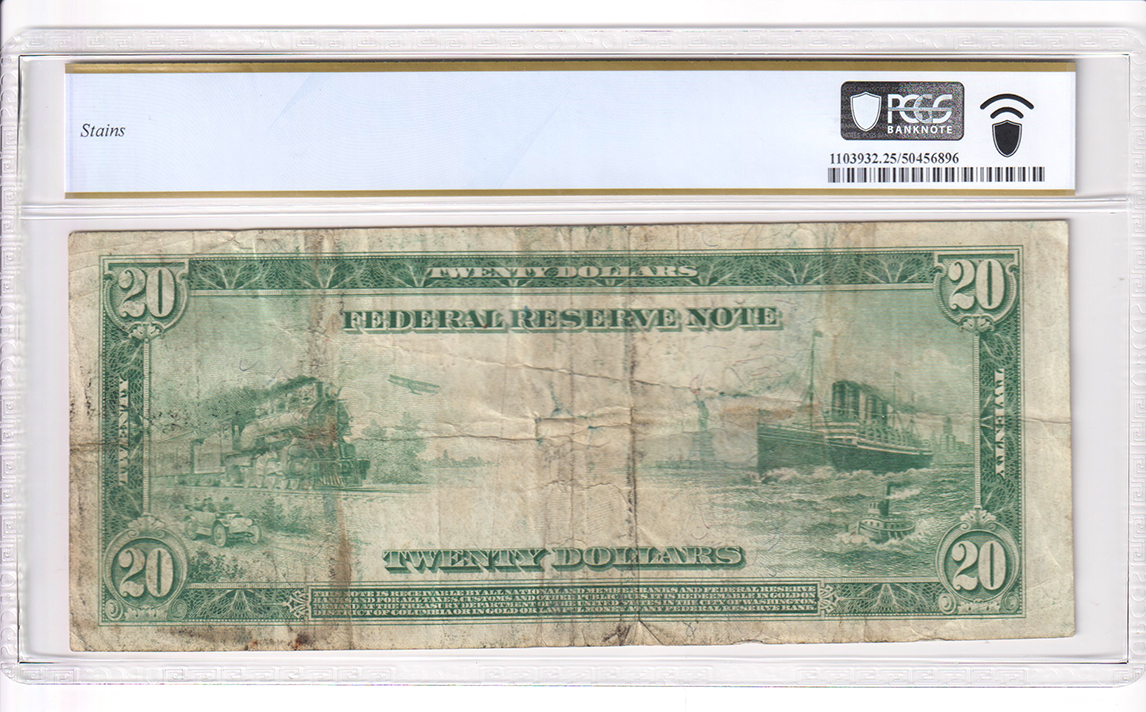 1914 $20 St. Louis Red Seal Fr# 959A - PCGS VF-25/stains