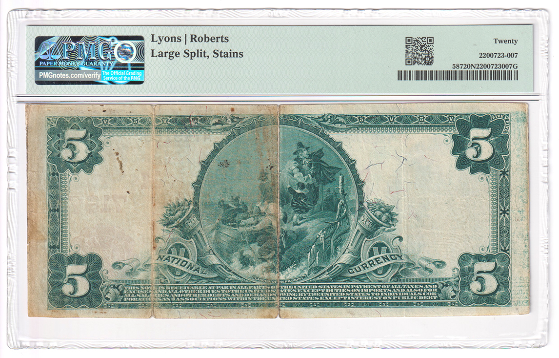 Serial Number 1 - 1902 $5 Red Seal - New Holland, OH Charter #7187 - PMG VF-20/large split/stains