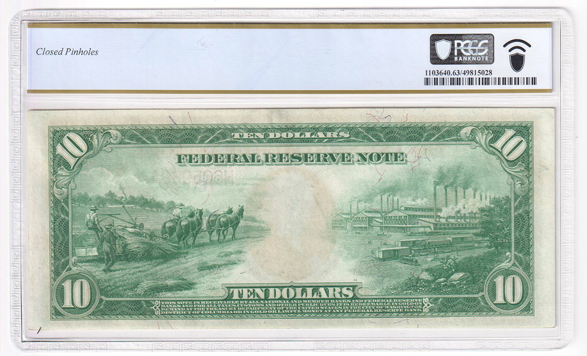 1914 $10 St. Louis Red Seal Fr# 899B - PCGS ChCU-63/closed pinholes