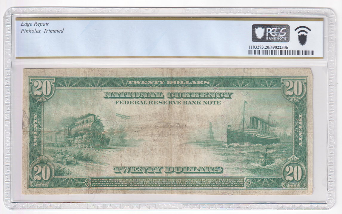 1915 $20 Kansas City Fr# 827 - PCGS VF-20/edge repair/pinholes/trimmed