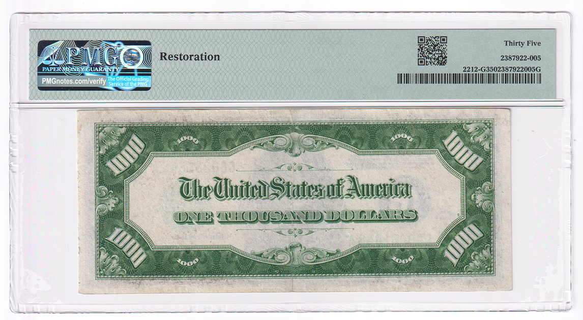 1934-A $1,000 Chicago Fr# 2212-G - PMG VF-35/restoration