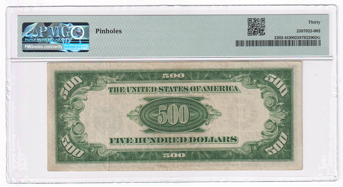1934-A $500 St. Louis Fr# 2202-H - PMG VF-30/pinholes
