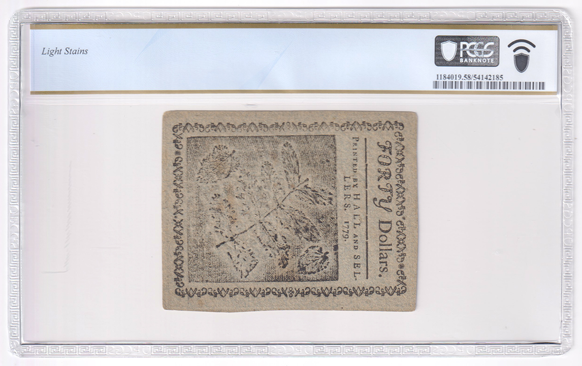 January 14, 1779 $40 Fr# CC-95DT - PCGS AU-58/light stains