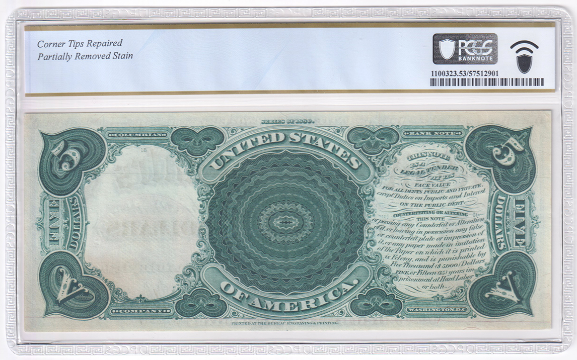 1880 $5 Woodchopper Fr# 73 - PCGS AU-53/corner tips repaired/partially removed stain