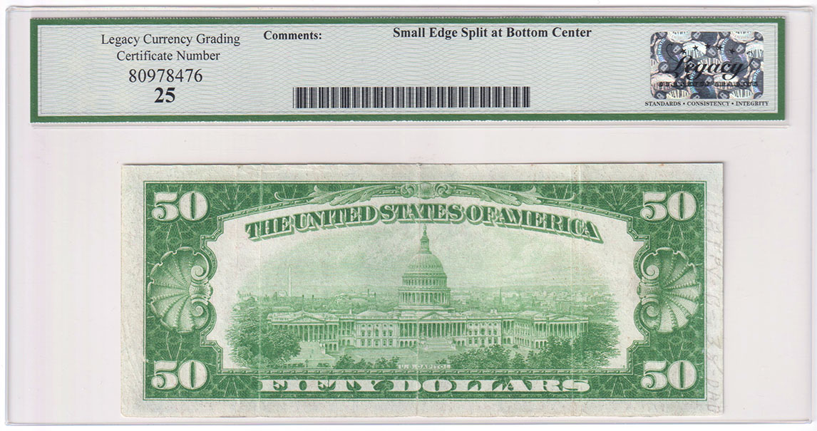 1928 $50 Fr# 2404 - Legacy VF-25/small edge split at bottom center