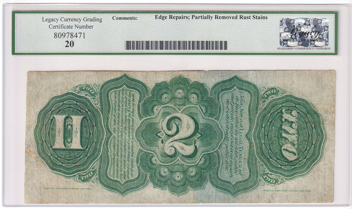 1869 $2 Fr# 42 - Legacy VF-20/edge repairs/partially removed rust stains