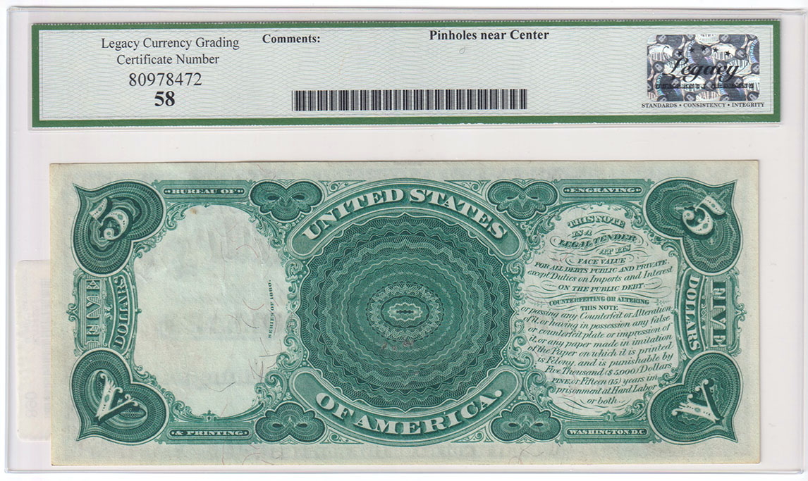 1880 $5 Woodchopper Fr# 80 - Legacy AU-58/pinholes