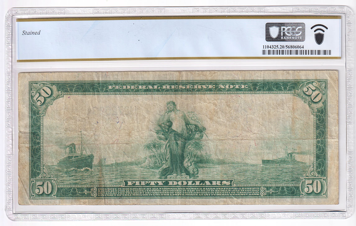 1914 $50 St. Louis Blue Seal Fr# 1053 - PCGS VF-20 stained