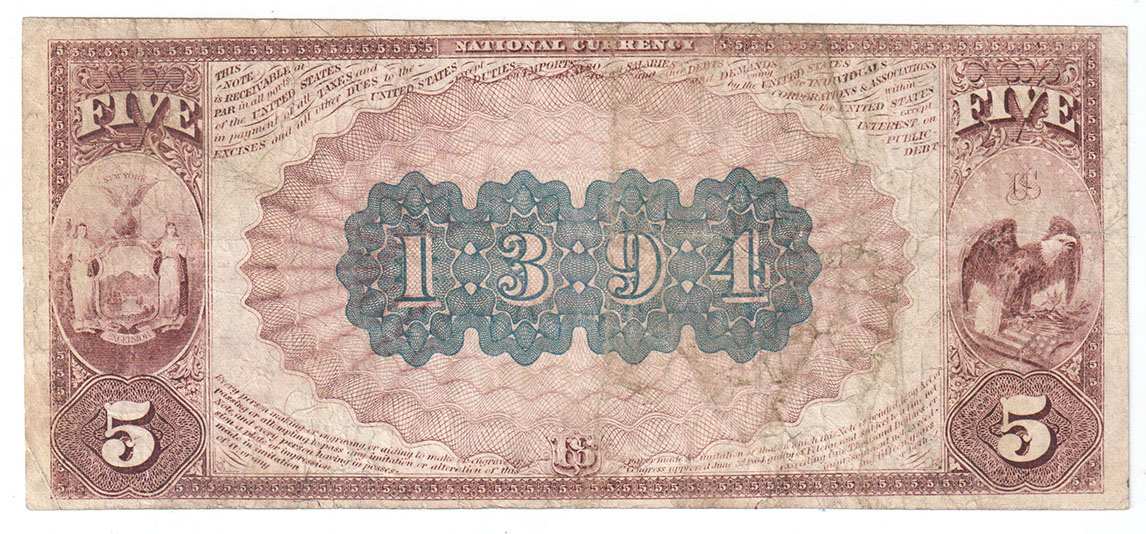 1882 $5 Brown Back - New York City, NY Charter #1394 - VF